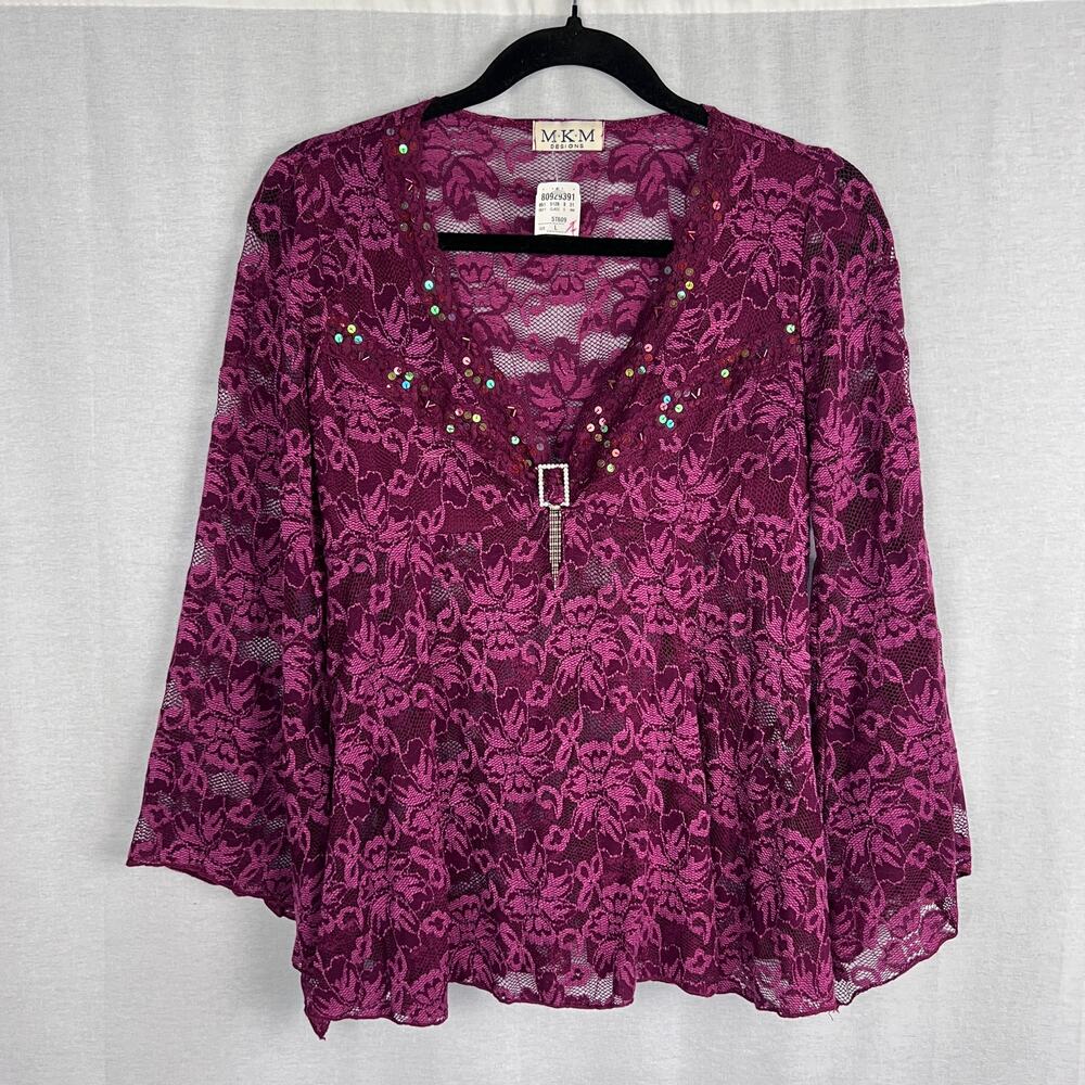 NWT Vintage Y2K Fairy Top Womens Large Babydoll Sheer Lace Whimsigoth Magenta